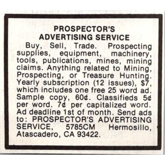 Prospecting Advertising Service Buy Sell Atascadero CA 1983 Mining Ad SAJ2-S1 - Picture 2 of 2